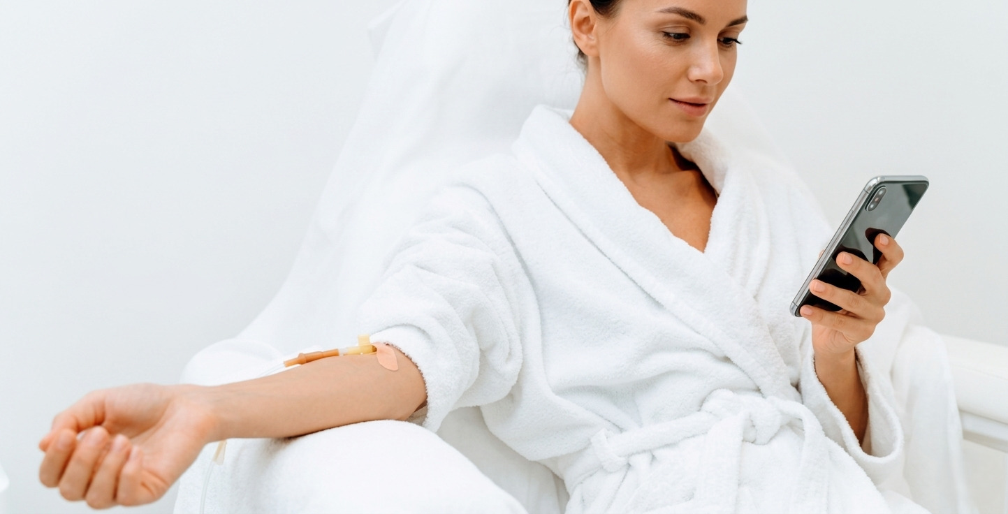 Девушка с телефоном под капельницей на дому - Евромедклиник 24