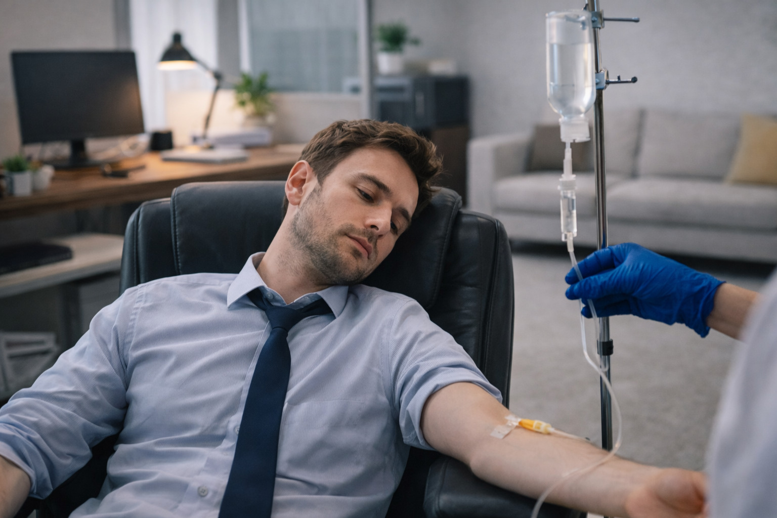Мужчина в офисе с капельницей на выезд - Евромедклиник 24